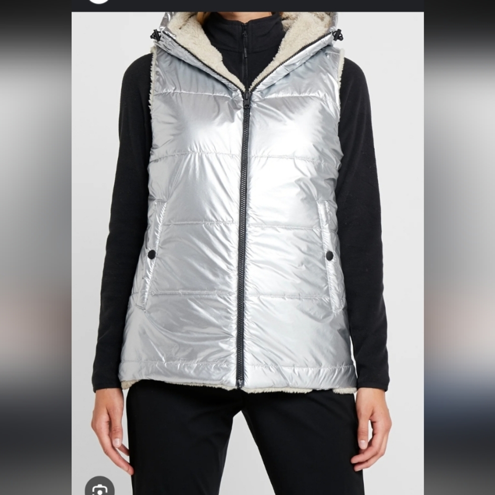 Bogner Silver Puffer Vest with Shearling Trim